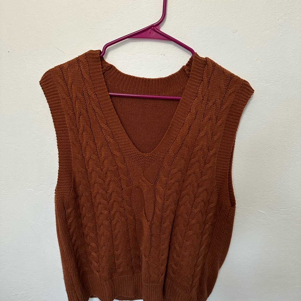 SHEIN Brown V-Neck Cable Knit Sweater Vest